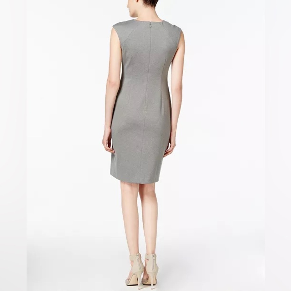 Calvin Klein Gray pleated Sheath Dress with Cap Sleeves and horseshoe Neck Sz 14 - Picture 2 of 5